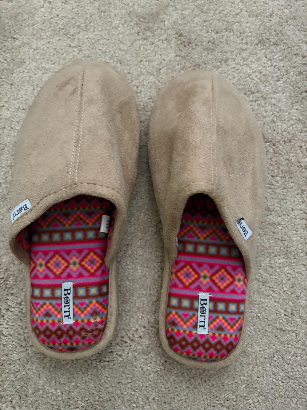 Born Pink Brown Multicolor Patterned Textile Slippers Like New